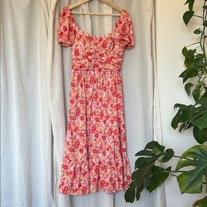 Floral Puff-Sleeve Midi Dress in Coral Pink